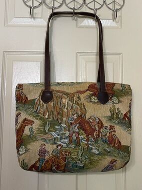 Tapestry Western Scene Tote Bag with Brown Leather Straps